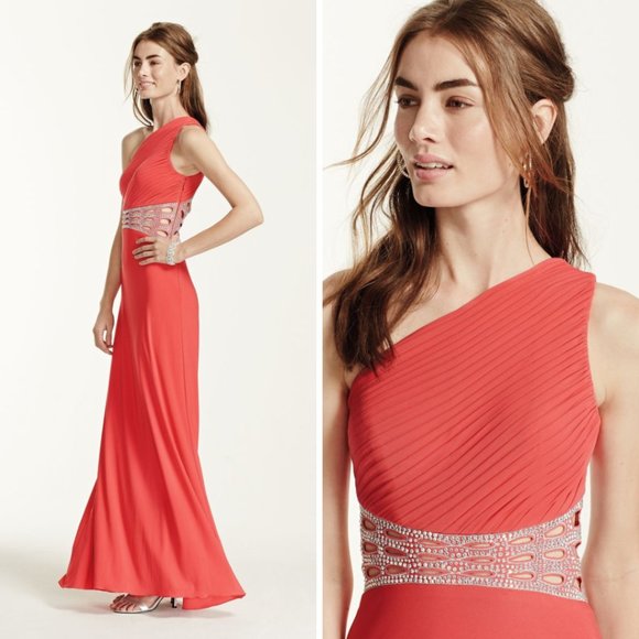 NWT David's Bridal One Shoulder Cut Out Silver Rhinestone Waist Coral Dress 0 - Picture 2 of 9